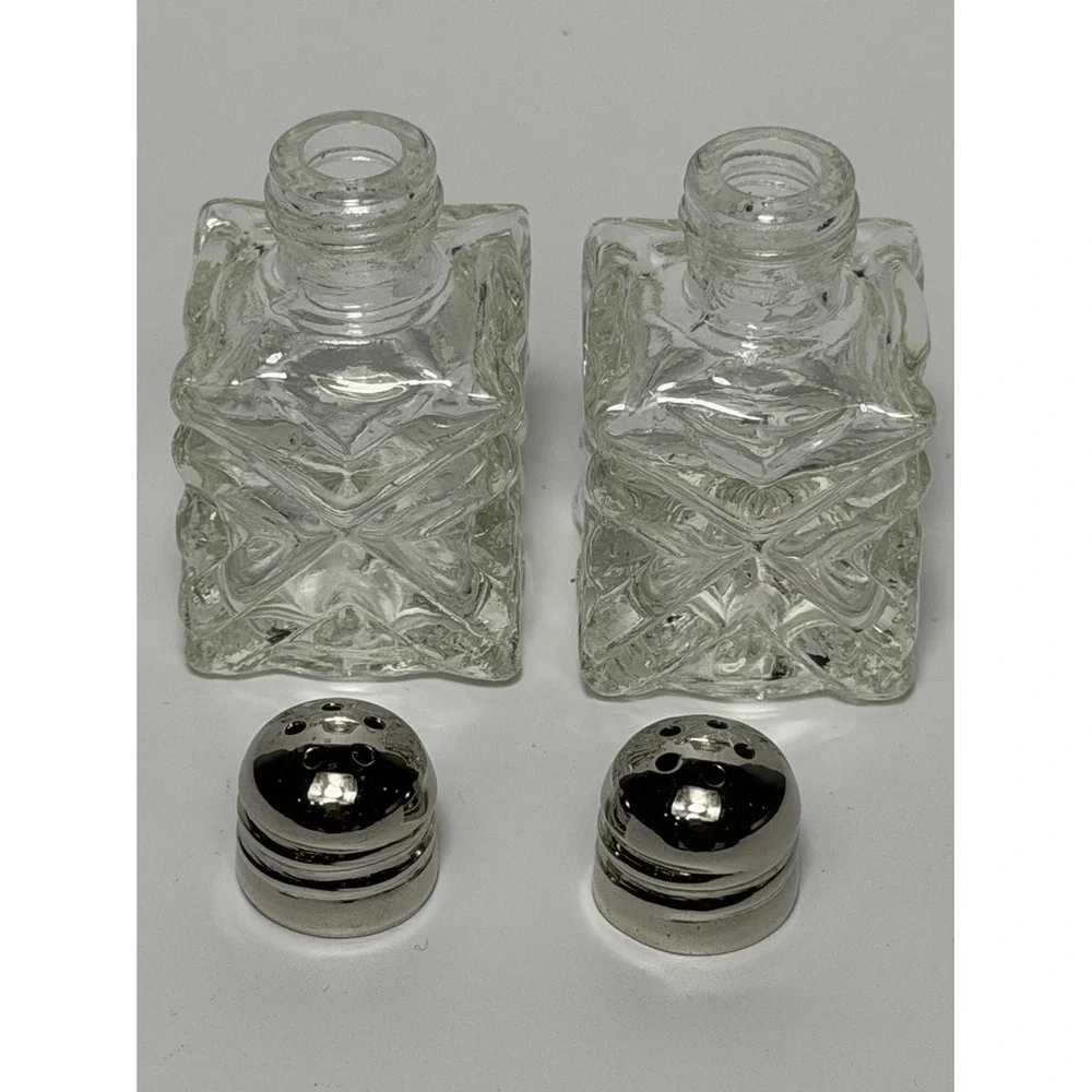 Vtg Star Glass Works Pressed Glass & Silverplate Square Salt & Pepper Shakers